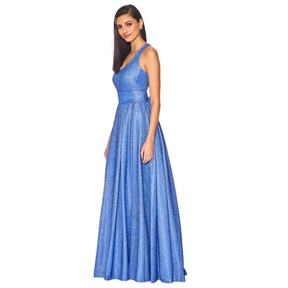 NWT Morgan & Co Blue Glitter Shimmer Pleated Gown - Picture 5 of 16